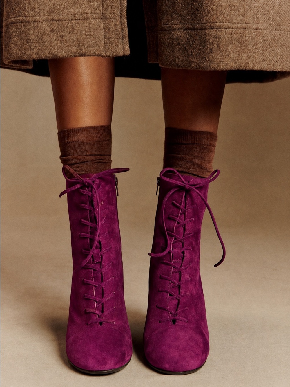 Sezane Purple Lace-Up Suede Ankle Boots